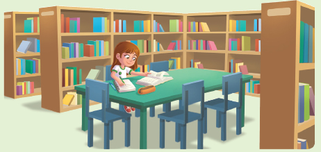 Imagem: Ilustração. Menina de cabelo longo castanho, vestindo camiseta branca. Está sentada em uma mesa verde com livros e cadernos abertos. Ao redor há prateleiras cheias de livros. Fim da imagem.