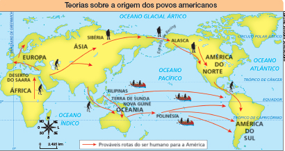 Imagem: Mapa. Teorias sobre a origem dos povos americanos. Mapa mundo com setas representando trajeto de homem pré-histórico pelo mundo. Há ilustração de sombra de um homem partindo da África com setas para Europa, Ásia e Oceania. Seta sai da Sibéria até Alasca, América do Norte e chega na América do Sul por barcos e território terrestre. No canto inferior esquerdo, há uma rosa dos ventos indicando noroeste, norte, nordeste, leste, sudeste, sul, sudoeste e oeste. Abaixo, escala de 0 a 2435 km. Fim da imagem.