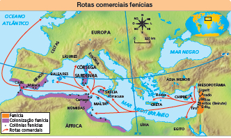 Imagem: Mapa. Rotas comerciais fenícias. Ásia Menor indica Fenícia em Mesopotâmia representada pelas cidades: Ugarit; Arado. Biblos; Beritos (Beirute); Sidon; Tiro. Setas saem da Fenícia para litoral norte da África e Litoral Sul da Europa. Europa indica: Iberos; Sardenha; Corsega; Sicília; Malta; Creta e Chipre. África indica: Númidas. No canto superior direito há um mapa mundo destacando região informada. Ao lado, rosa dos ventos indicando noroeste, norte, nordeste, leste, sudeste, sul, sudoeste e oeste, escala de 0 a 320 km. Fim da imagem.