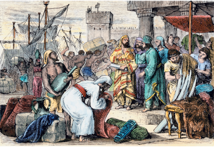 Imagem: Ilustração. Homens comerciantes em pátio ao lado de um castelo. Possuem roupas coloridas com mercadoria exposta sobre o chão. Fim da imagem.