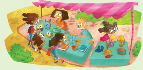 Imagem: Ilustração. Crianças em frente a mesas de bancas com objetos expostos como relógios, canecas, livros, sapatos e abajures. Fim da imagem.