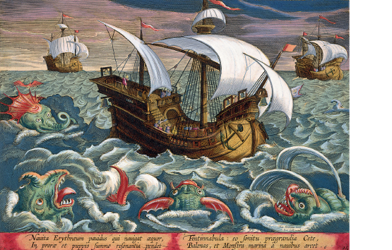 Imagem: Ilustração. Barcos de madeira com velas içadas brancas. Sobre o mar há monstros marítimos próximos ao barco. Ao fundo há dois barcos. Fim da imagem.