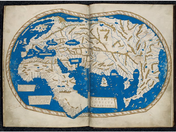 Imagem: Fotografia. Livro aberto com mapa mundo antigo com território terrestre irregular. Fim da imagem.