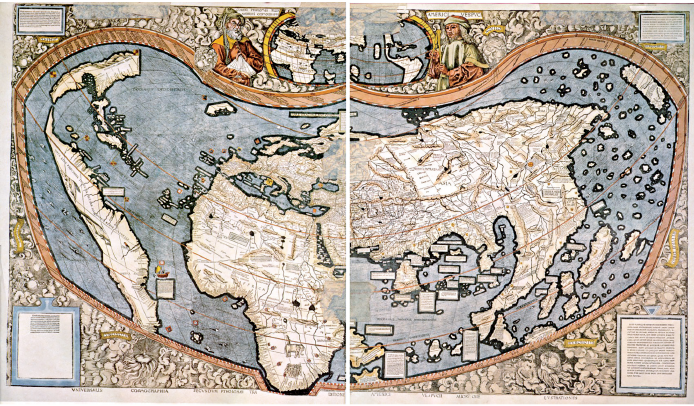 Imagem: Ilustração. Mapa mundo com território terrestre irregular. Em duas partes e textos explicativos ao redor. Fim da imagem.