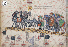 Imagem: Ilustração. 2: de trajeto de terra com camelos com malas e homens montados em cavalos. Há homens a pé acompanhando. Abaixo, ilustração de castelos.  Fim da imagem.