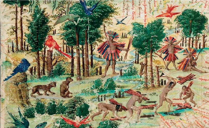 Imagem: Ilustração. Homens indígenas cortando lenha em floresta. Há animais aos arredores da imagem. Fim da imagem.