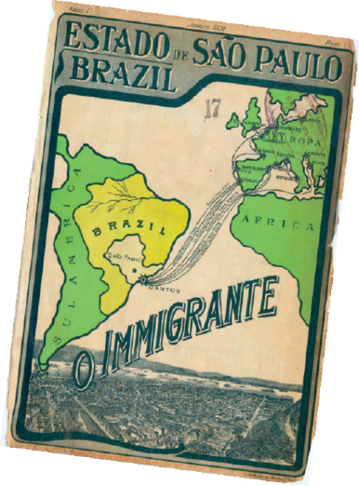 Imagem: Ilustração. Capa de revista com ilustração da América do Sul, destacando Brasil e estado de São Paulo ocupando maior parte central do mapa com linhas ligadas até a Europa. Fim da imagem.