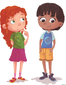 Imagem: Ilustração. Menina de cabelo longo ruivo, vestindo camiseta verde e saia rosa, com a mão apoiado sobre o queixo. Ao lado, menino de cabelo longo castanho, vestindo camiseta azul e bermuda amarela. Fim da imagem.