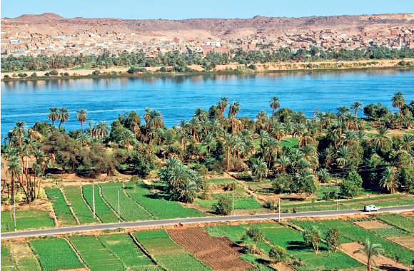 Imagem: Fotografia. Vista de rio largo, à esquerda da margem há árvores e campos de plantação, à direita há árvores e cidade extensa.  Fim da imagem.