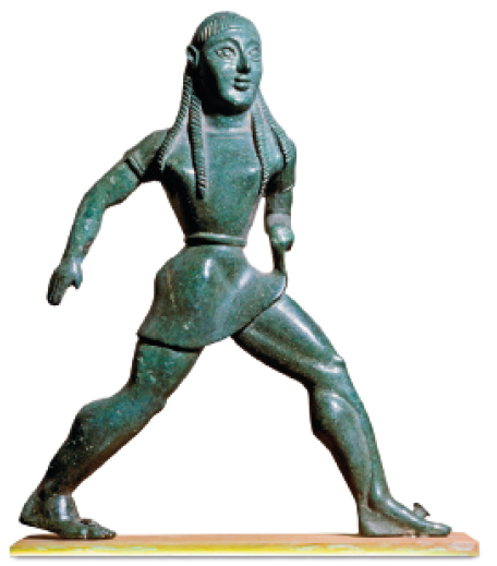 Imagem: Fotografia. Estátua de uma mulher de cabelo longo, vestindo túnica curta. Ela está com o braço direito estendido para trás, as pernas abertas e flexionadas. Fim da imagem.