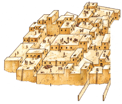 Imagem: Ilustração. Representação de casas unidas em diferentes níveis com casas em forma de forte e escadas do topo até área externa. Há pessoas caminhando pelo telhado plano.   Fim da imagem.