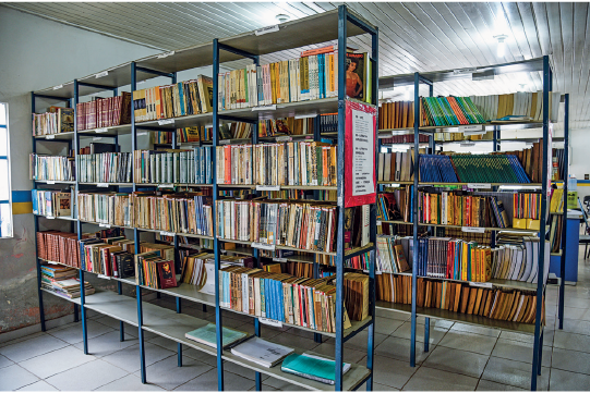 Imagem: Fotografia. Sala com prateleiras repletas de livros.  Fim da imagem.