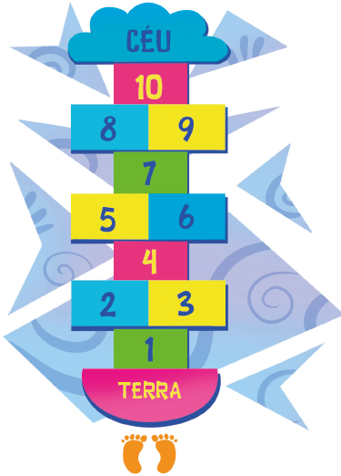 Imagem: Quadrados alternando entre em duplas e sozinhos. Os quadrados estão numerados de 1 a 10. Acima do último número há um semicírculo com a palavra CÉU. Fim da imagem.