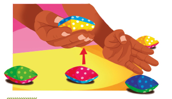 Imagem: Ilustração. Destaque para duas mãos sobre uma mesa. A mão direita segura um saquinho amarelo e azul. A mão esquerda está apoiada, de lado, na mesa. Em cima da mesa há 3 saquinhos. Abaixo da mão direita, uma seta vermelha apontada para cima. Fim da imagem.