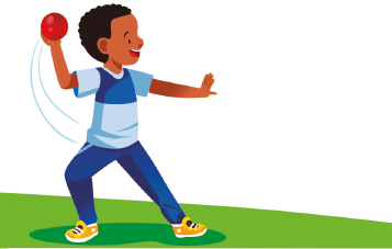 Imagem: Ilustração. Um menino, com camisa em tons de azul, calça azul e tênis amarelo, segura uma bola com a mão direita estendida para cima. O braço esquerdo está esticado e a mão aberta.  Fim da imagem.