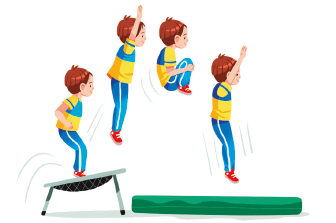 Imagem: Ilustração. Uma criança, com camisa amarela e azul, calças azuis e tênis vermelho, pega impulso em um pula-pula para um colchão. Ao saltar do pula-pula, estica os braços para cima, depois junta os joelhos para perto dos peitos, e depois estica novamente.  Fim da imagem.