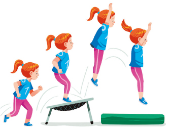 Imagem: Ilustração. Uma criança, com cabelo preso, camisa azul e calça roxa, pega impulso em um pula-pula para um colchão. Ao saltar do pula-pula, estende os braços para cima até chegar ao colchão. Fim da imagem.