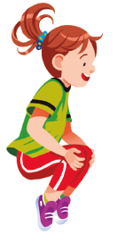 Imagem: Ilustração. Uma criança, com o cabelo grande e preso, veste uma camiseta verde, calça vermelha e tênis roxo. Está com os joelhos juntos perto da cintura e, com as mãos, segura o joelho.   Fim da imagem.