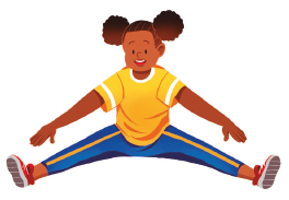 Imagem: Ilustração. Uma criança, com cabelo encaracolado e preso, camisa amarela, calça azul e tênis vermelho, está com as pernas afastadas, com os braços e mãos esticadas próximos dos pés.   Fim da imagem.