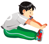 Imagem: Ilustração. Uma criança, de camisa cinza, calça verde e tênis vermelho, está com as pernas juntas e esticadas para frente. Com os braços e mãos esticados, toca a ponta dos pés.  Fim da imagem.