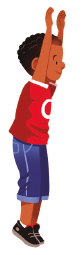 Imagem: Ilustração. Uma criança, com camisa vermelha, calça roxa e tênis preto, está com as pernas esticadas e os braços estendidos para cima.   Fim da imagem.
