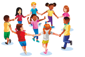 Imagem: Ilustração. Oito crianças, de mãos dados, formam um círculo. No centro do círculo, uma criança está com os braços erguidos e a boca aberta.   Fim da imagem.