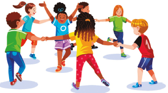 Imagem: Ilustração. Seis crianças, de mãos dadas, formam um círculo. No centro do círculo, uma criança está com os braços levantados e sorri.  Fim da imagem.