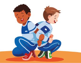 Imagem: Ilustração. Duas crianças, com camisa e calça azul, estão de costas uma para a outra, agachadas e na ponta dos pés. Os braços entrelaçados.  Fim da imagem.