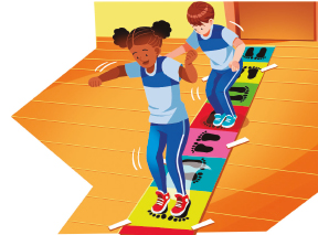 Imagem: Ilustração. Duas crianças pulam em um tapete com quadrados, dentro dos quadrados há pegadas de pés humanos. Na altura do joelho e braço das crianças, há linhas brancas circulares.  Fim da imagem.