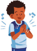 Ilustração. Um menino de cabelo curto e preto, vestindo blusa azul, está com os braços flexionados e a palma das mãos juntas. Ao redor dele, notas musicais.