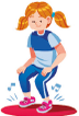 Ilustração. Uma menina, de cabelo loiro e preso em maria-chiquinha, vestindo camiseta azul, está com os pés separados, joelhos dobrados e mãos sobre os joelhos. Ao redor da criança, notas musicais. 