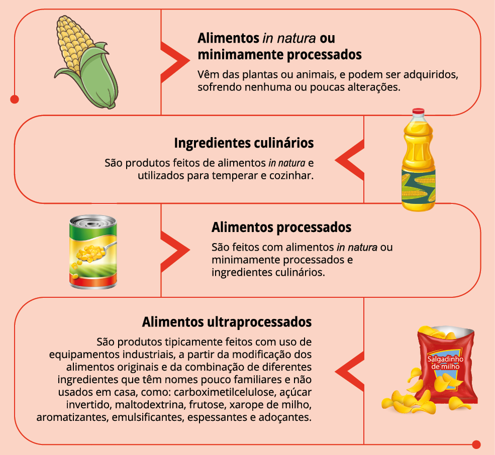 Imagem: Ilustração. Uma espiga de milho. Alimentos in natura ou minimamente processados. Vêm das plantas ou animais, e podem ser adquiridos, sofrendo nenhuma ou poucas alterações. Uma garrafa de óleo com desenhos de espigas no rótulo. Ingredientes culinários. São produtos feitos de alimentos in natura e utilizados para temperar e cozinhar. Uma lata de milho. Alimentos processados. São feitos com alimentos in natura ou minimamente processados e ingredientes culinários. Um saco de salgadinho de milho. Alimentos ultraprocessados. São produtos tipicamente feitos com uso de equipamentos industriais, a partir da modificação dos alimentos originais e da combinação de diferentes ingredientes que têm nomes pouco familiares e não usados em casa, como: carboximetilcelulose, açúcar invertido, maltodextrina, frutose, xarope de milho, aromatizantes, emulsificantes, espessantes e adoçantes. Fim da imagem.