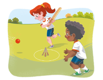 Imagem: Ilustração. Uma menina de cabelo laranja segura um taco com as duas mãos e aponta na direção de uma bola vermelha. Ao lado dela, há três pedaços de madeira que formam um triângulo e, ao redor dele, um círculo branco. À direita, um menino, com os braços inclinados, olha a bola.  Fim da imagem.