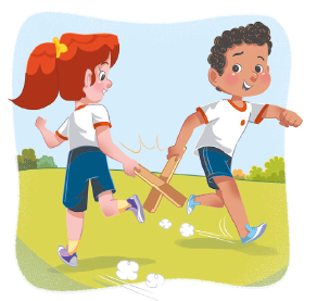 Imagem: Ilustração. A menina de cabelo laranja e o menino de cabelo seguram o taco de madeira inclinado ao lado do corpo para se tocarem. O chão é de grama e, ao fundo, o céu.  Fim da imagem.