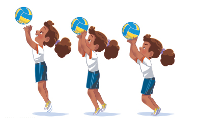 Imagem: Ilustração. Uma menina, com cabelo preso, vestindo camiseta branca e bermuda azul, está com os braços inclinados para cima e as mãos abertas na direção de uma bola amarela e azul.  Fim da imagem.