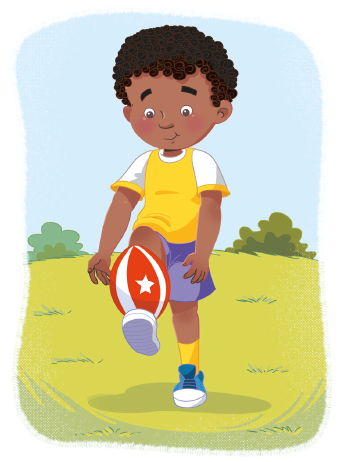 Imagem: Ilustração. Uma criança, vestindo camiseta amarela, está com o pé direito apontado na direção de uma bola oval vermelha e branca. Ao fundo, grama e árvores. Fim da imagem.