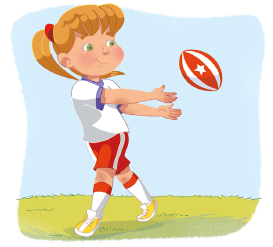 Imagem: Ilustração. Uma menina está com os braços estendidos para o lado e as mãos abertas na direção de uma bola oval vermelha e branca que está ao lado.  Fim da imagem.