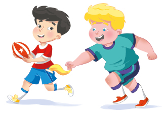 Imagem: Ilustração. À esquerda, um menino segura a bola oval com as duas mãos, no bolso da sua bermuda, há uma fita amarela. À direita, outro menino, está com o braço direito estendido na direção da fita amarela.  Fim da imagem.