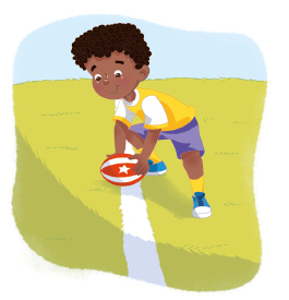 Imagem: Ilustração. O menino de camiseta amarela, segura uma bola oval rente a grama, onde há o desenho de uma linha branca.  Fim da imagem.