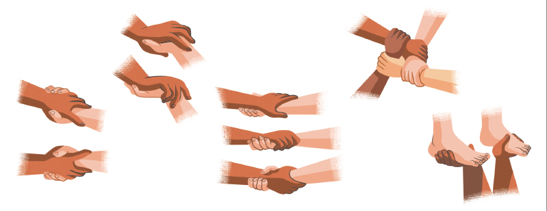 Imagem: Sequência de ilustrações. 1. Dois braços estendidos, a palma da mão inclinada, duas mãos se encaixam de lado  2. Dois braços inclinados, uma mão com a palma virada para cima, se encaixa em uma mão com a palma virada para baixo.  3. Dois braços estendidos, de lado, se seguram na altura do pulso.  4. Quatro braços estendidos, as mãos se seguram na altura do pulso.  5. Um braço, estendido para cima, com as mãos abertas, segura um pé.  Fim da imagem.