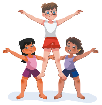 Imagem: Ilustração. No centro, um menino, com as pernas abertas, está com os pés no joelho de duas meninas que estão ao seu lado. As duas meninas estão de mãos dadas de ambos os lados dele.  Fim da imagem.
