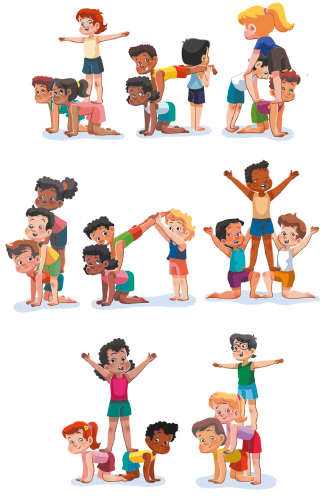 Imagem: Sequência de ilustrações de Pirâmides em trios. Grupos de três crianças agachadas com as mãos e joelhos no chão, com os braços e pernas apoiados em outras crianças.  Fim da imagem.