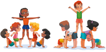 Imagem: Duas ilustrações sobre Pirâmides em quintetos. Grupos de cinco crianças agachadas com as mãos, quadris, joelhos no chão, e com os braços, pernas e pés apoiados em outras crianças.  Fim da imagem.