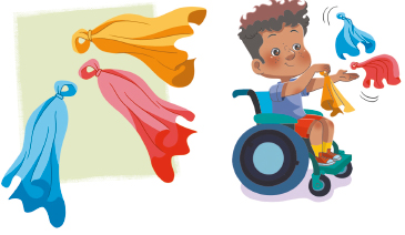 Imagem: Ilustração. À esquerda, ilustração de três lenços com um nó redondo na ponta. À direita, uma criança usando camiseta azul e bermuda vermelha, sentado na cadeira de rodas, segura um lenço com a mão direita, há outros lenços no ar. Fim da imagem.