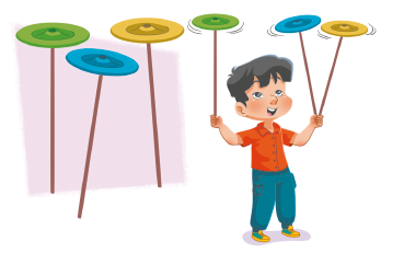 Imagem: Ilustração. À esquerda, ilustração de três pratos, compostos por hastes com um círculo na ponta de cima. À direita, um menino de cabelo curto e preto, vestindo camiseta laranja e calça azul, está segurando três pratos, um na mão direita e dois na esquerda. Fim da imagem.