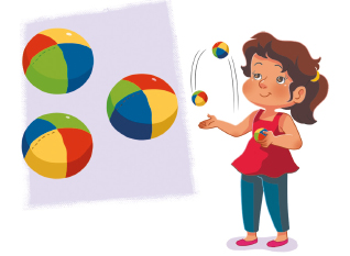 Imagem: Ilustração. À esquerda, três bolas coloridas. À direita, uma menina de cabelo liso, camiseta vermelha e calça azul, está segurando uma bola na mão direita e olha para duas bolas que estão no ar. Fim da imagem.