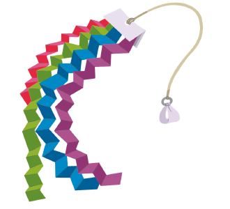 Imagem: Ilustração. Quatro fitas coloridas de papel, com um fio e nó na ponta.   Fim da imagem.