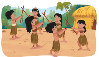 Imagem: Ilustração. Seis crianças indígenas com saia bege de palha, as meninas estão com top marrom e os meninos sem camiseta, elas estão em duplas uma de frente para a outra e seguram um pau de madeira inclinado para frente.  Fim da imagem.