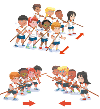 Imagem: Ilustração. As crianças em fileiras seguram um bastão em diagonal ao corpo. À frente delas, duas setas apontam para fora.  Ilustração. As crianças em fileiras seguram um bastão em diagonal para frente. Ao lado delas, duas setas apontam para dentro.  Fim da imagem.