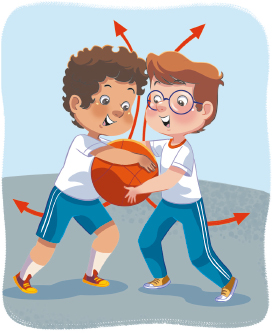 Imagem: Ilustração. Dois meninos de cabelo curto, vestindo camiseta branca e bermuda azul, estão com os braços esticados para frente e com as mãos pegam em uma bola laranja. Ao fundo, há duas setas laranjas, uma aponta para a esquerda e outra para a direita.  Fim da imagem.